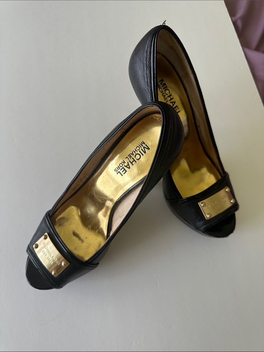 MICHAEL Michael Kors Black Leather Peep Toe Flats with Gold Plaque